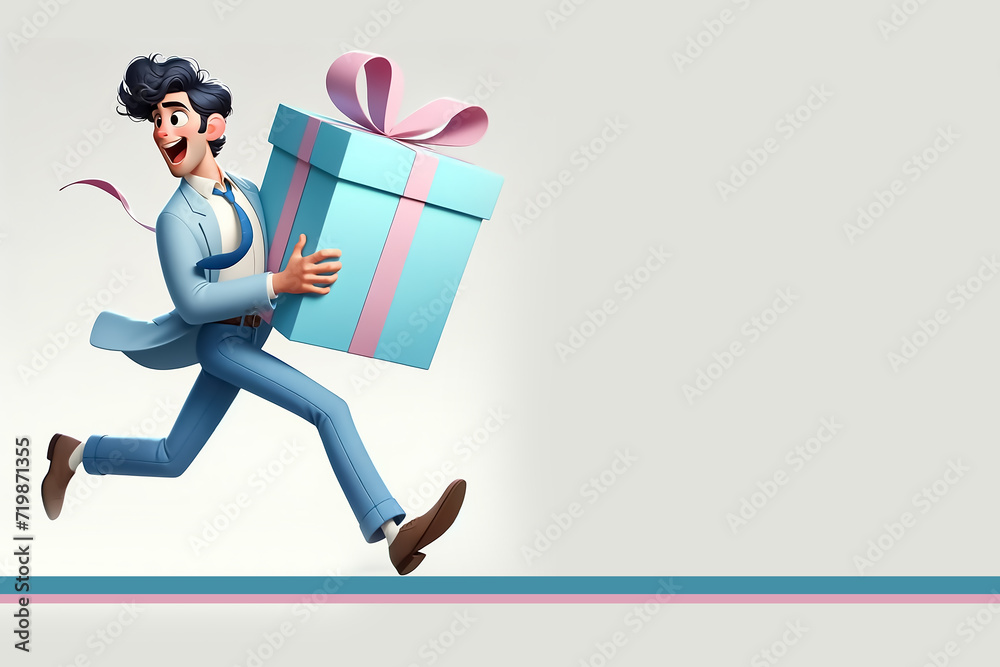 Young boy running with big gift box cartoon art, Holiday Happiness: Boy Running with Big Gift, Festive Fun: Boy's Big Gift Box Adventure, Surprising Holidays: Boy's Gift Box Run Young boy running with big gift box cartoon art, Holiday Happiness: Boy Running with Big Gift, Festive Fun: Boy's Big Gift Box Adventure, Surprising Holidays: Boy's Gift Box Run