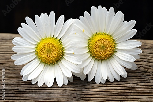 Two white daisies on a wooden background  close-up