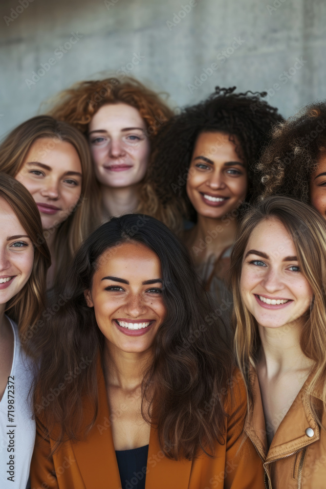 International Women's Day portrait of cheerful multiethnic mixed age range businesswomen celebrating, Embrace Equity, woman diversity.