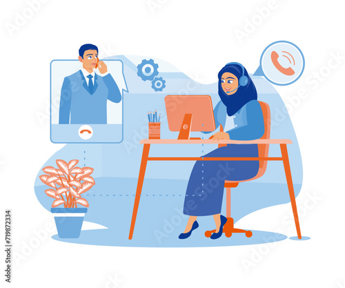 Woman in hijab working in call center office. Talking with clients using heatset in front of computer. Woman with phone calling to customer support service concept. flat vector modern illustration 