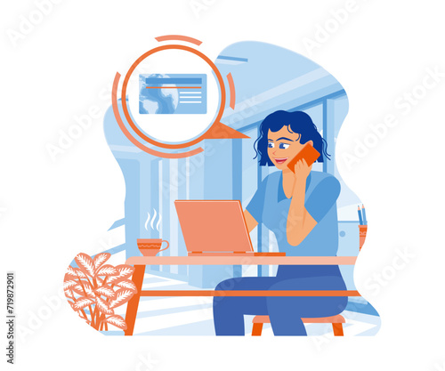  Young woman shopping online from home. Call the business owner to confirm the order. Woman with phone calling to customer support service concept. Flat vector illustration.