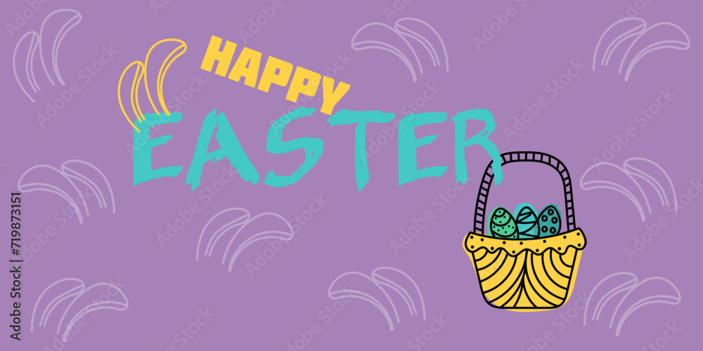 Happy Easter сolorful postcard - banner. Yellow basket with easter eggs with congratulations inscription, bunny ears decor on violet background. Editable stroke. Pencil hand drawn vector illustration	