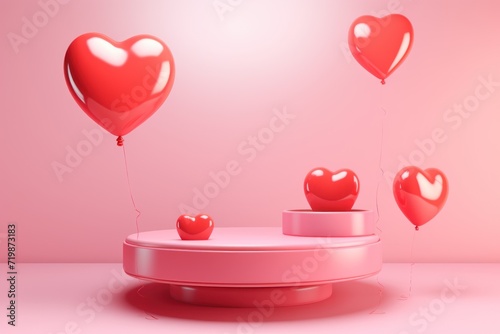 Empty podiums, pedestals or platforms with flying red love balloons on a pink background. 
