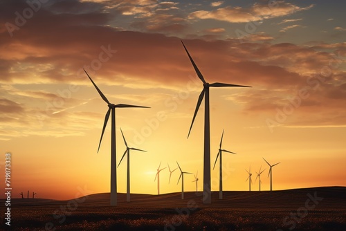 Family silhouette with wind generators turbines, Renewable energy. 