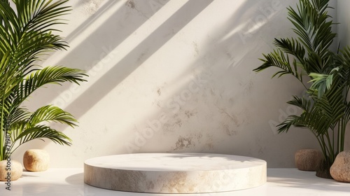 Front view of Empty stack of stones platform podium on beige background,jewellery and cosmetic products.Minimal empty display product presentation scene. 