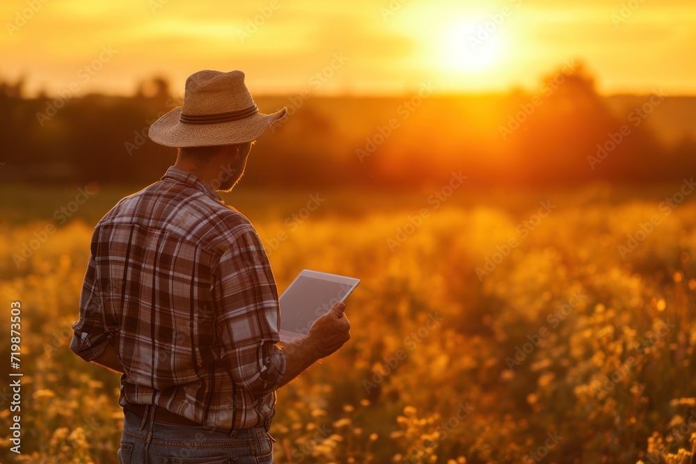 Farmer holding tablet at Farmland in the morning, happy farmer in the field, 