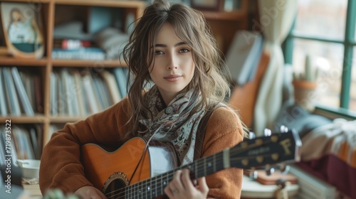 girl influencer playing guitar and wear headphone with guitar record podcast onair online live streaming in her bedroom.A large window allows natural light to fill the room 