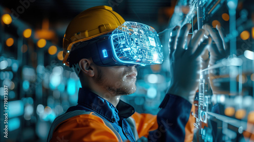 metaverse futuristci industry innovation technology concept, engineer using artificial intelligence with virtual mixed augmented reality glasses in digtial environmental with sustainability energy