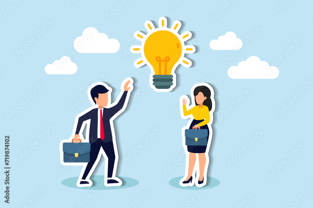 Bright idea to solve problem, business team brainstorm or thinking about new innovative idea, creativity or imagination concept, businessman and businesswoman thinking with bright lightbulb idea. Bright idea to solve problem, business team brainstorm or thinking about new innovative idea, creativity or imagination concept, businessman and businesswoman thinking with bright lightbulb idea.