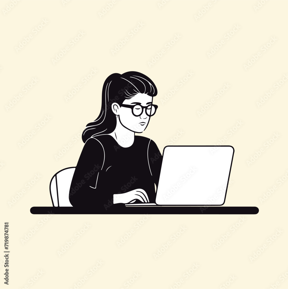 woman in the office with laptop illustration 