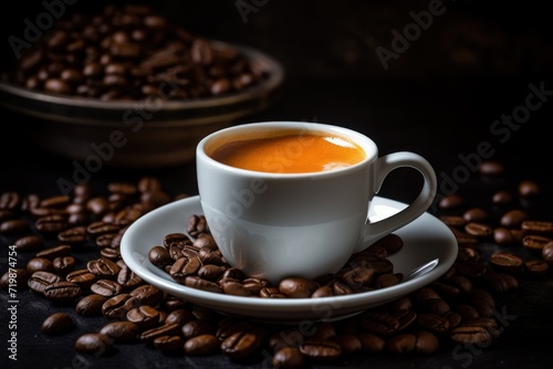 Fresh tasty espresso cup of hot coffee with coffee beans on dark background 