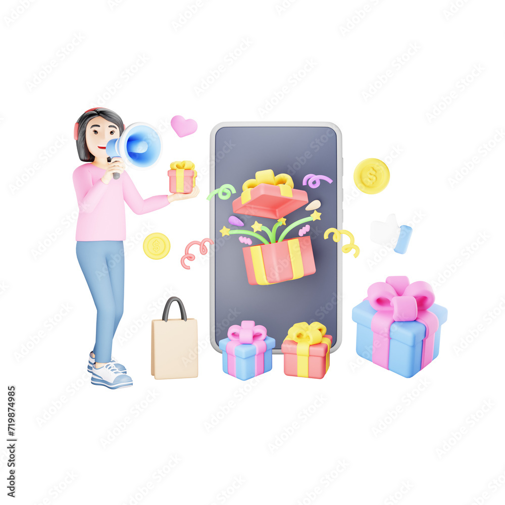 Online store giveaway program 3D Character Illustration Online store giveaway program 3D Character Illustration