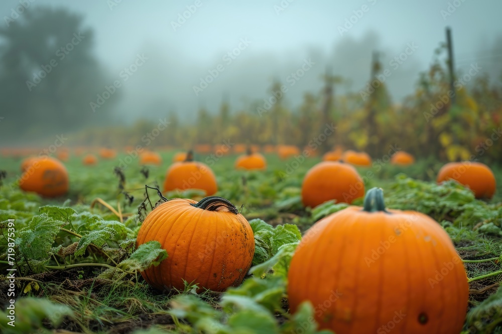 A mysterious and foggy pumpkin patch with pumpkins of various sizes