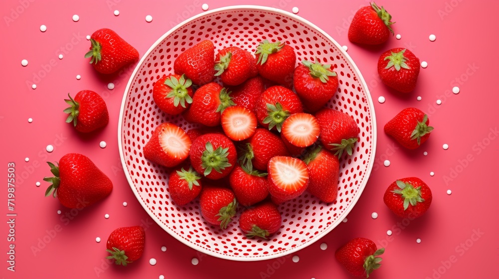 Strawberries in a bowl on a pink background, top view. Strawberries in a bowl on a pink background, top view.
