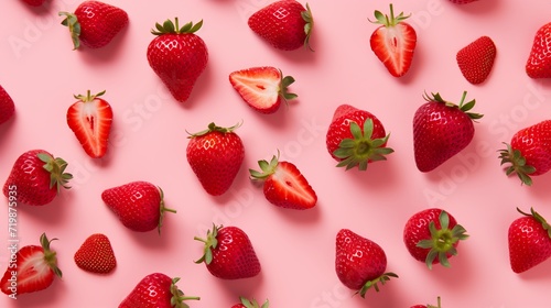 Fresh ripe strawberries on pink color background