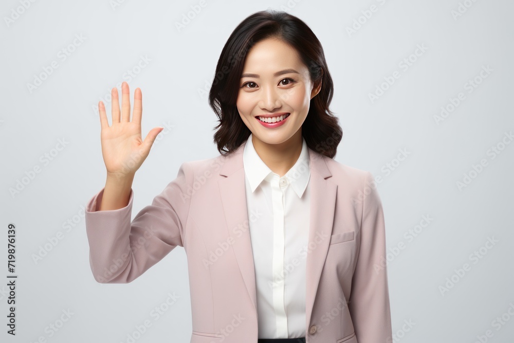 Happy Asian businesswoman presenting or showing open hand palm Happy Asian businesswoman presenting or showing open hand palm
