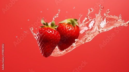 Strawberries falling into water with splash, isolated on red background.