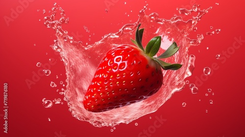 Strawberry in water splash on red background.