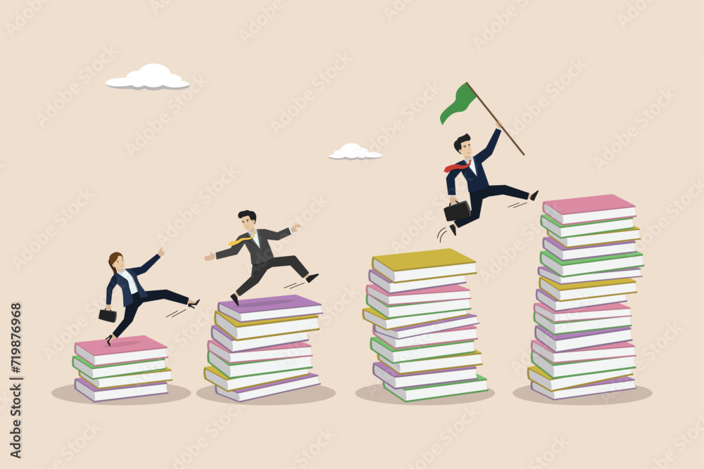 Knowledge or learning to help employees achieve business goals, training or education course concept, people walking on stack of growth books to achieve business goals.