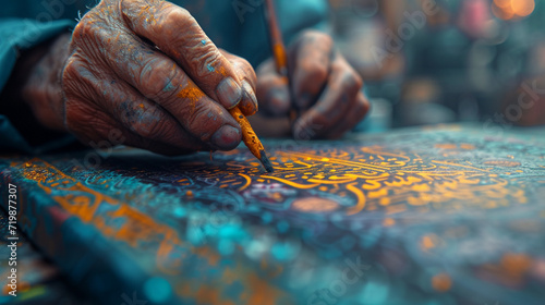Traditional calligraphy artist creating intricate Ramadan greetings on a canvas. Artistic skilled afternoon photo