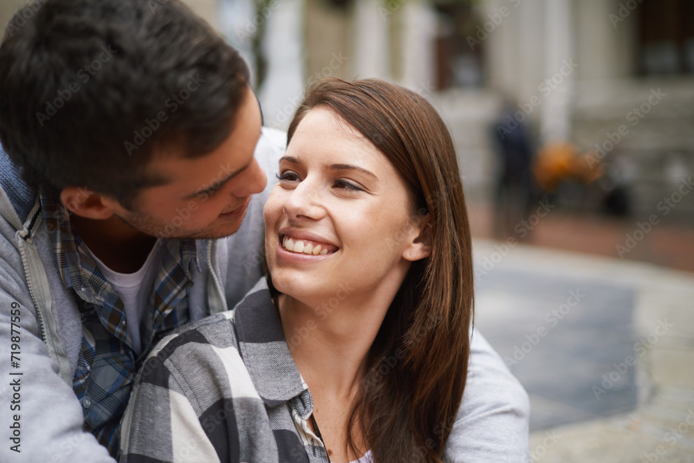 Love, eye contact and happy couple hug together, relax and enjoy outdoor date with care, support and romance. Wellness, happiness and face of boyfriend, girlfriend or people smile for relationship Love, eye contact and happy couple hug together, relax and enjoy outdoor date with care, support and romance. Wellness, happiness and face of boyfriend, girlfriend or people smile for relationship