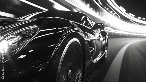 A closeup of a black and white headlight in motion showcasing the dynamic form and elegant curves as the car moves forward.