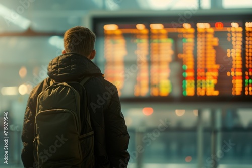 Man standing in front of flight Information display system. 