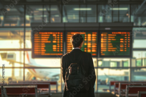 Man standing in front of flight Information display system. 