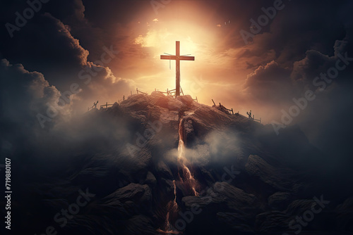 Stampa su tela Jesus Christ crucified on the cross on the rock. 3d render