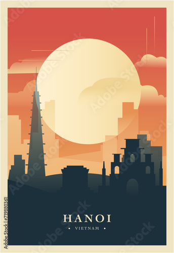 Hanoi city brutalism poster with abstract skyline, cityscape retro vector illustration. Vietnam capital travel front cover, brochure, flyer, leaflet, business presentation template image