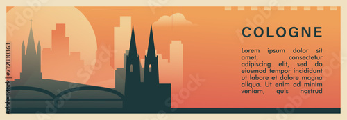 Cologne city brutalism vector banner with skyline, cityscape. Germany tower retro horizontal illustration, travel layout for web presentation, header, footer
