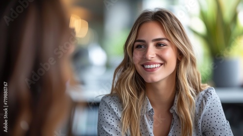 Two women are smiling together at an interview or conversation