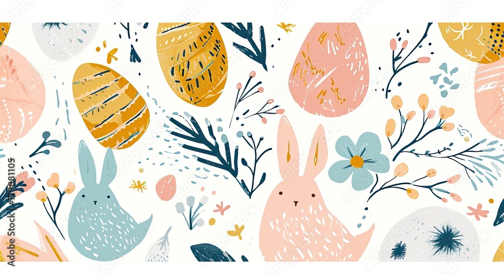 A banner with Easter eggs and hares. A flat illustration.
