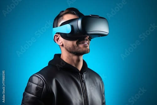Portrait of a young man wearing virtual reality glasses