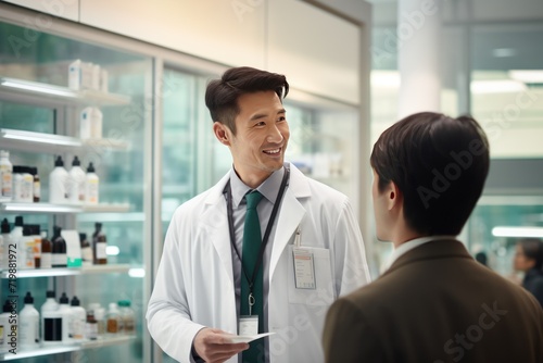 Pharmaceutical sales representative talking with doctor in medical building. 