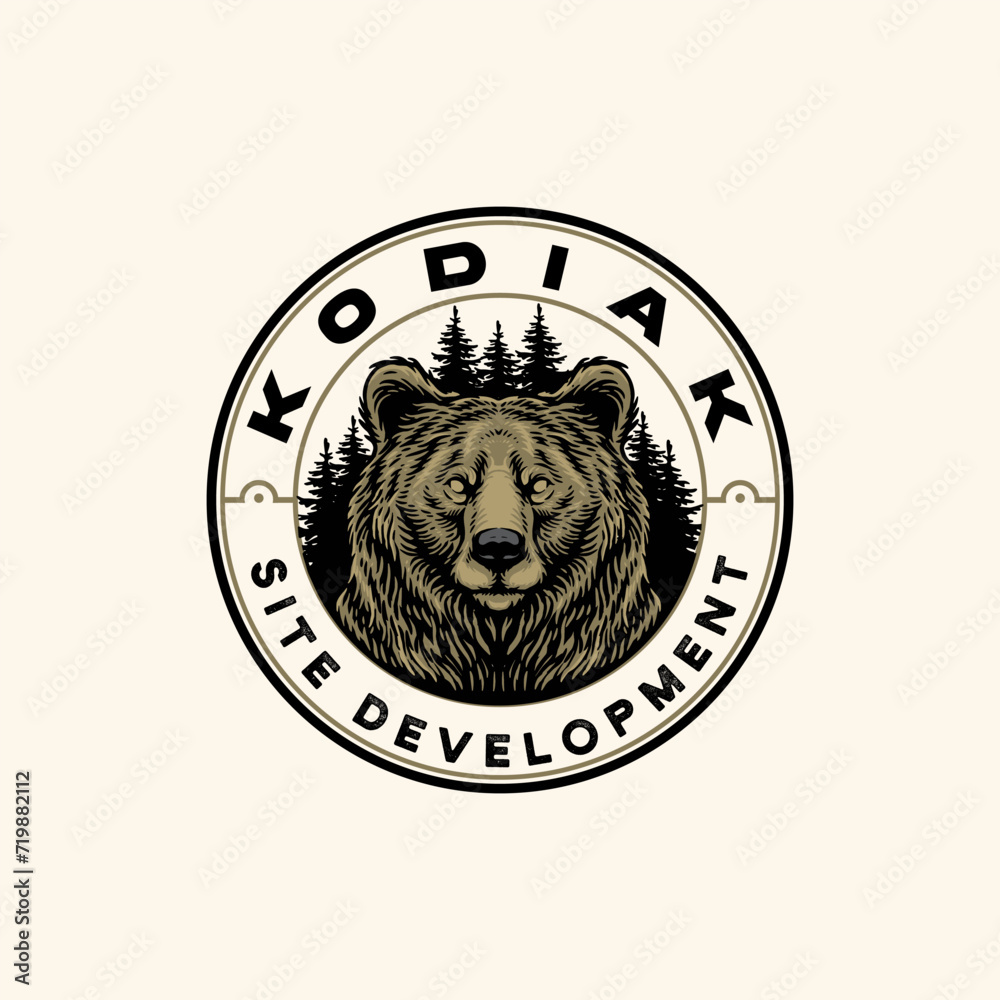 Emblem strong bold rounded bear nature forest logo design vector vintage illustration