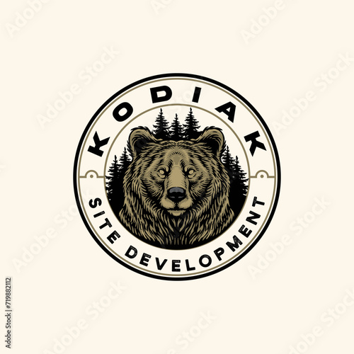 Emblem strong bold rounded bear nature forest logo design vector vintage illustration