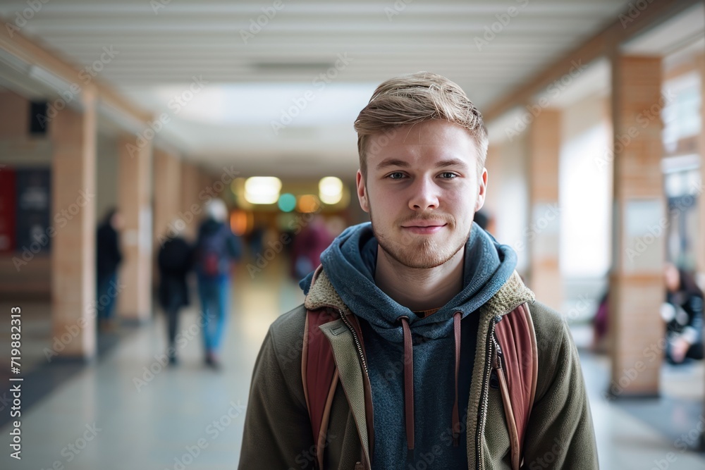 Portrait of a male university student in entrance hall of University building Portrait of a male university student in entrance hall of University building