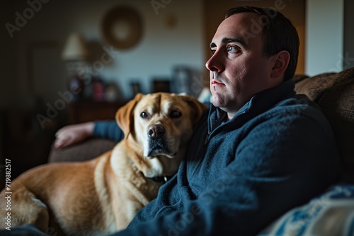 Portrait of an autistic man with his dog indoors. in the living room 