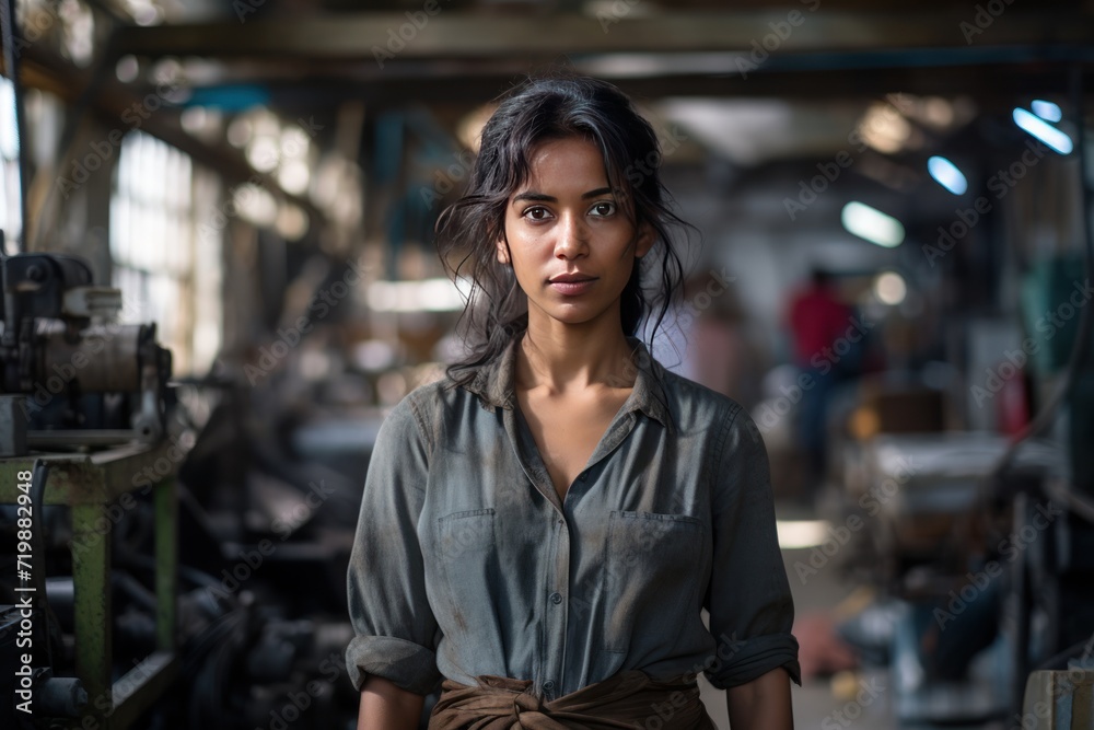 Fototapeta premium Portrait of an Indian female engineer standing in a factory, 