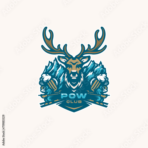 Cool ice ski with deer and mountain landscape bold logo design vector illustration