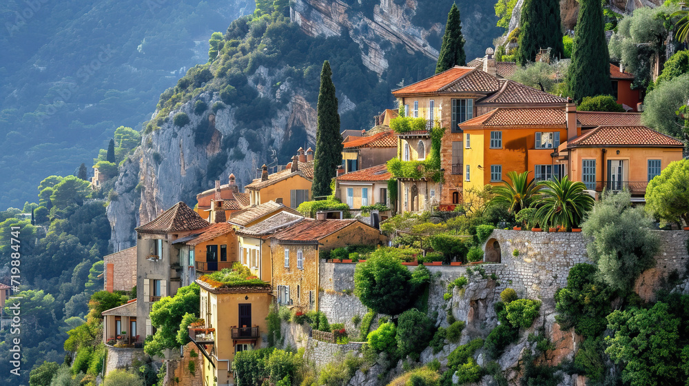 Charming European village nestled in the mountains with old stone houses, a medieval church, and a castle, offering a picturesque summer view of the town