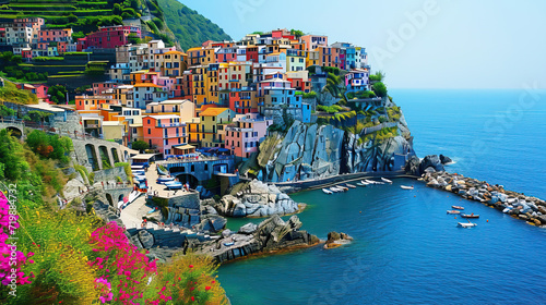 Cityscape by the Mediterranean Sea with a picturesque coastline, charming town, and vibrant harbor photo