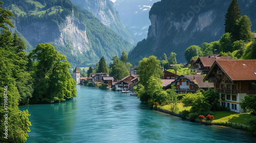 Mountainous river landscape with a picturesque view, featuring a serene river, lush greenery, and the majestic Alps, creating a beautiful summer panorama