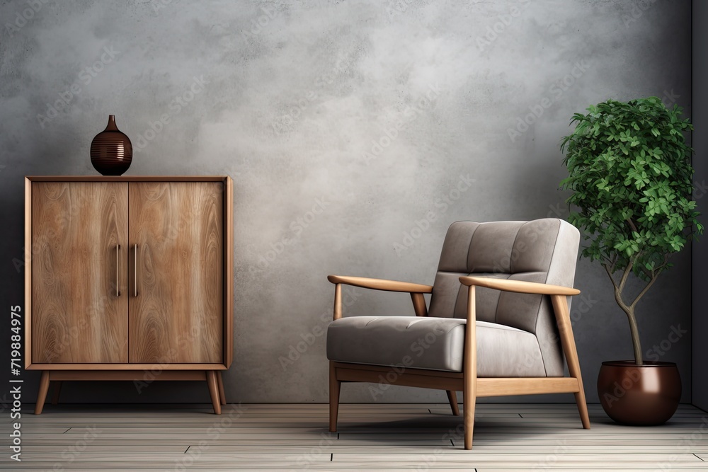 Interior with wooden cabinet and armchair 3d renderin Interior with wooden cabinet and armchair 3d renderin