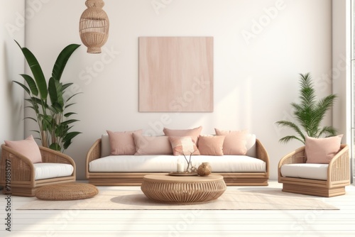 Boho Chic Living Room Interior, Showcased on an Isolated White Canvas, Generative AI