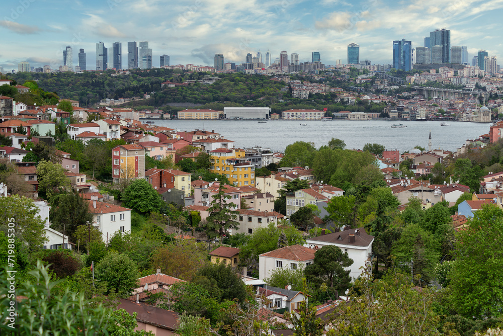 Cityscape of Istanbul, Turkey, with a skyline including Bosphorus strait, and tall buildings on the European side of the city