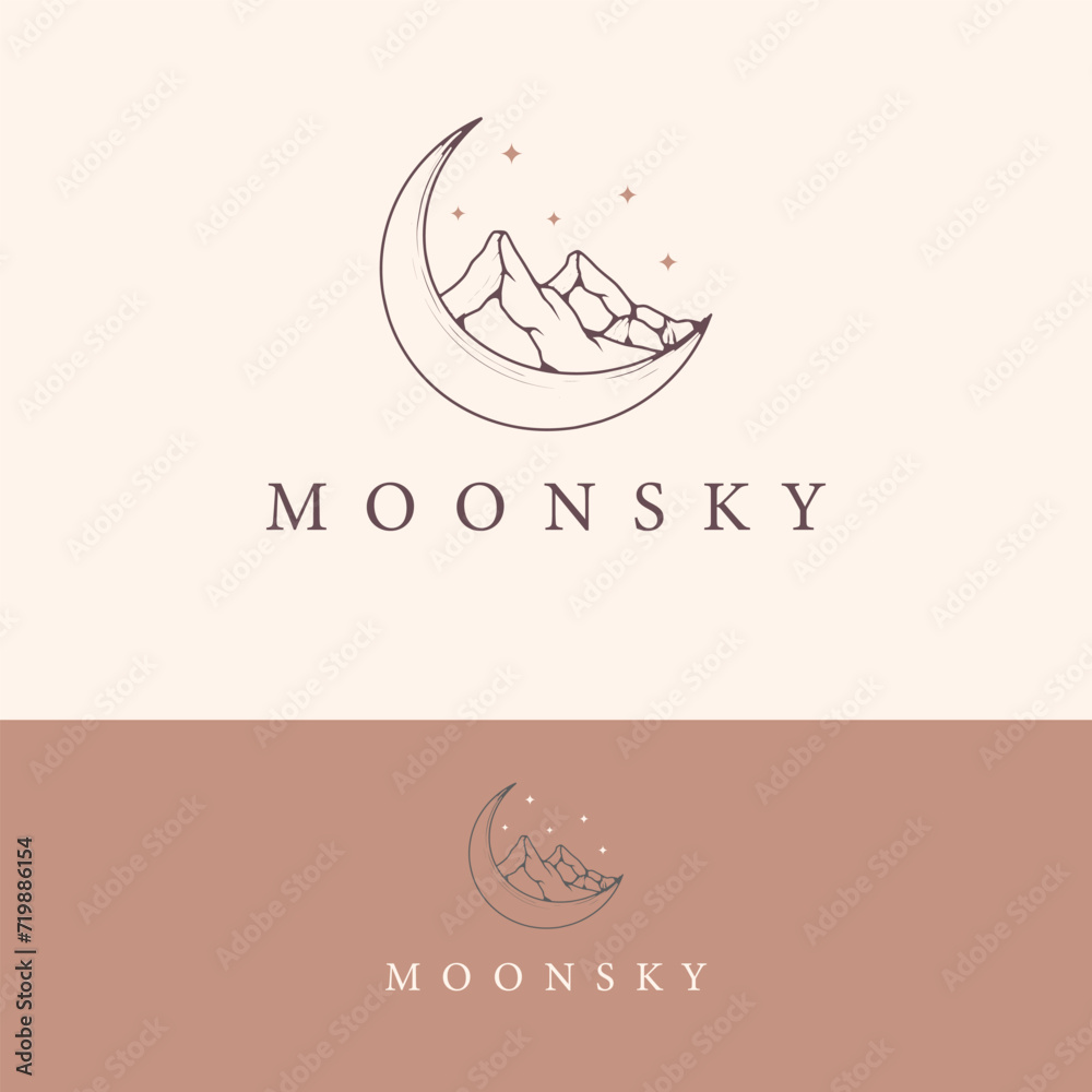 Mountain and moon star line art simple logo design minimallist for luxury bussiness