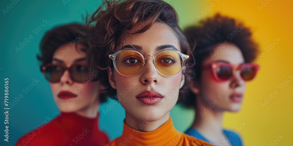 Fashion portrait of three women with sunglasses, in the style of chromatic aberration, vibrant color