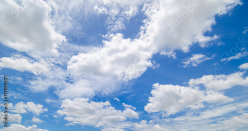 Panoramic view of clear blue sky and clouds, Blue sky background with tiny clouds. White fluffy clouds in the blue sky. Captivating stock photo featuring the mesmerizing beauty of the sky and clouds.